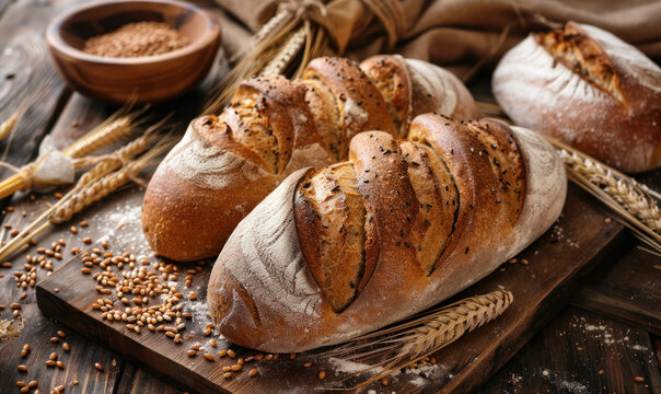 artisanal whole grain rye bread loaves with wheat ears on rustic wooden table