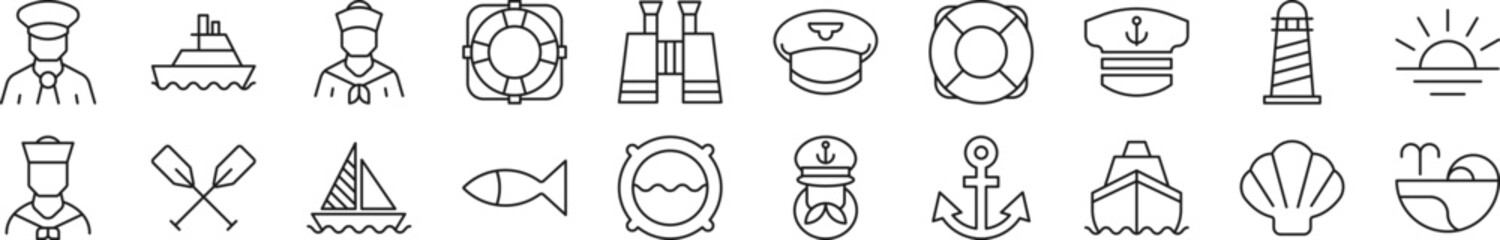 Pack of linear symbols of sailor. Editable stroke. Linear symbol for web sites, newspapers, articles book