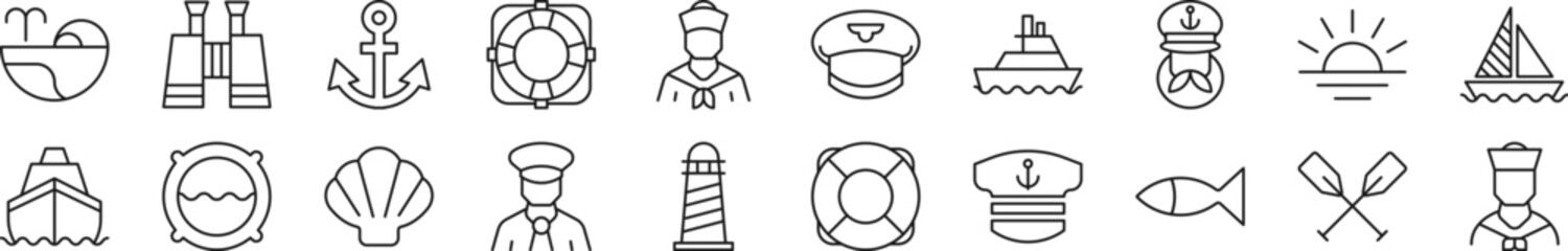 Collection of thin signs of sailor. Editable stroke. Simple linear illustration for stores, shops, banners, design