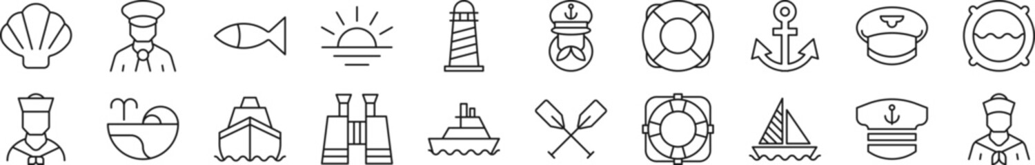 Set of thin line icons of sailor. Editable stroke. Simple linear illustration for web sites, newspapers, articles book
