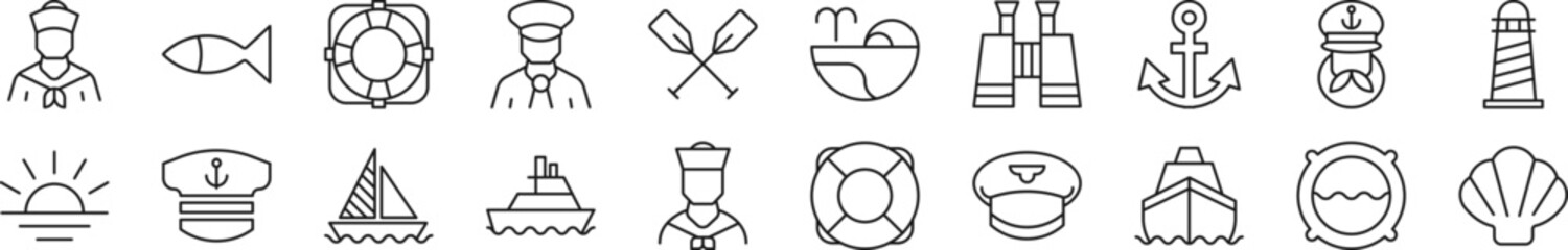 Pack of line icons of sailor. Editable stroke. Simple outline sign for web sites, newspapers, articles book