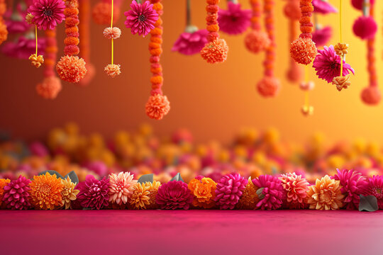 Traditional Indian floral garland toran made of marigold flowers and mango leaves on orange background. Happy Diwali festival, Pongal or Gudi Padwa. Decoration for Indian hindu holidays, wedding