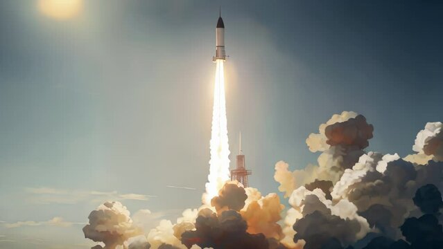 A rocket that is in the middle of its takeoff. Its engines emanate bright flames and dense smoke. Startup new business project. New business project concept. Spaceship taking off