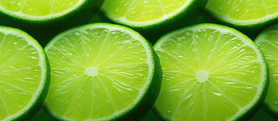 A pile of seedless citrus fruit, limes, cut in half, placed on a vibrant green background. The plantbased ingredient is a refreshing addition to any dish