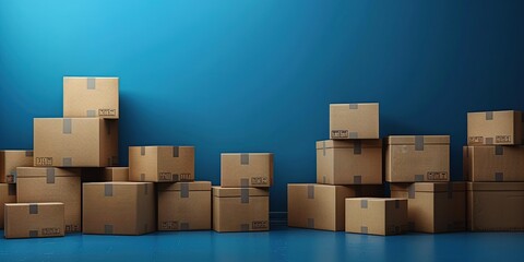 Cardboard boxes steps up for delivery or moving. Stack of boxes and blue background.