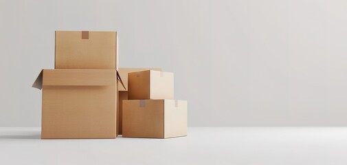 Cardboard boxes with stuff indoors, space for text. - obrazy, fototapety, plakaty