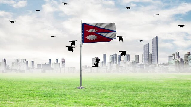 Nepal flag flying with birds flying
