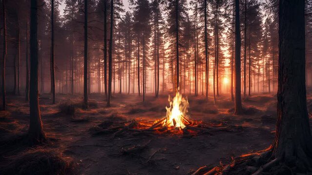 cozy campfire in a forest by sunset
