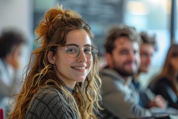 Obraz premium A cheerful young woman smiling during a business meeting, focusing on her positive engagement