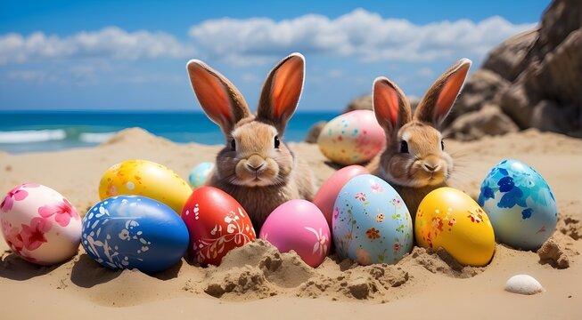 Easter eggs and rabbits painted on summer sand beaches