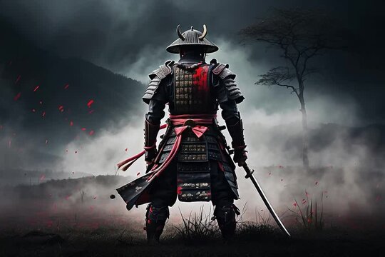 Samurai Warrior in a field, dark background, cloudy weather,.Ronin Samurai Background. Katana Sword