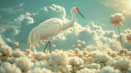 A crane standing in a rice paddy of marshmallow treats, - obrazy, fototapety, plakaty
