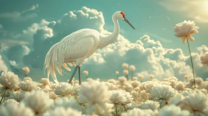 Foto op Canvas A crane standing in a rice paddy of marshmallow treats, © Anuwat