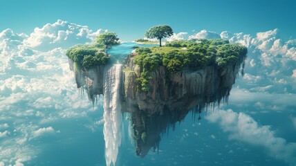 A floating island with a cascading waterfall into the sky,