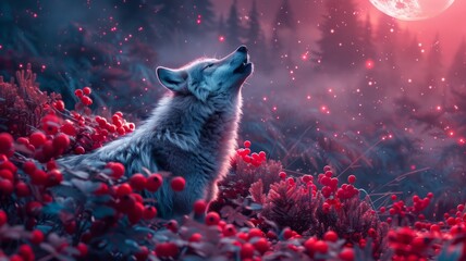 A wolf howling under a moon of white chocolate in a starry night of berries,