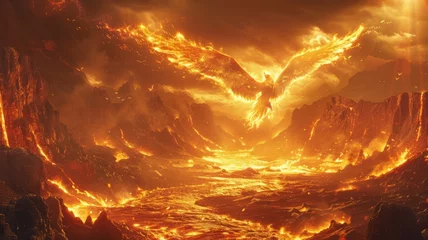 Poster A volcanic landscape with a phoenix rising from the ashes, © Anuwat