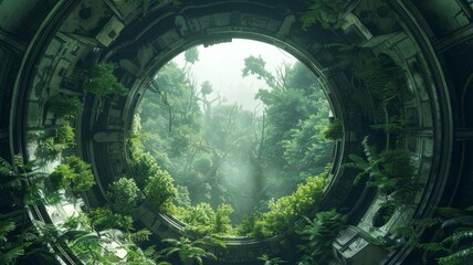 Abandoned spaceship with alien flora overtaking the interior, - obrazy, fototapety, plakaty