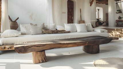 Wooden bench made from rough wood slab. Rustic boho farmhouse home interior design of modern living room.