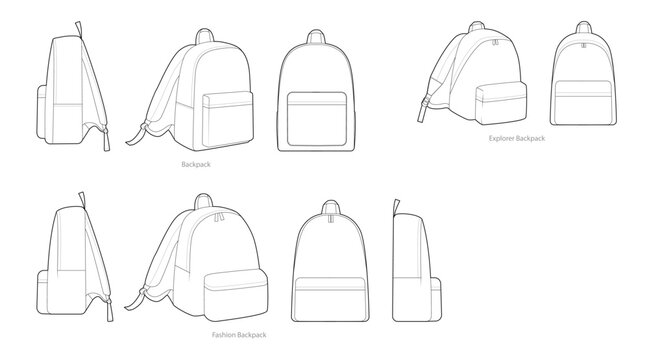 Set of Fashion Explorer backpacks silhouette bags. Fashion accessory technical illustration. Vector schoolbag front, side 3-4 view for Men, women, unisex style, flat handbag CAD mockup sketch isolated