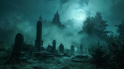 Moonlit graveyard with fog and ancient tombstones - obrazy, fototapety, plakaty