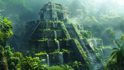 Mysterious island with ancient structures and lush vegetation,