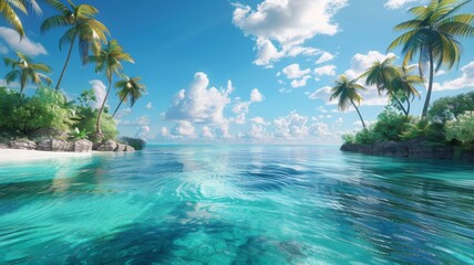 Tropical paradise island with turquoise water and palm trees - obrazy, fototapety, plakaty