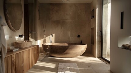 modern bathroom in natural sand or beige color with bathtub and sun light