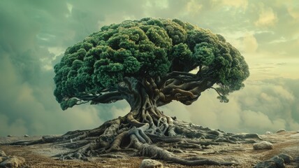 Conceptual image of a tree with roots shaped like a human brain - obrazy, fototapety, plakaty