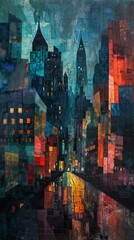 Cubist interpretation of a cityscape at dusk with fragmented perspectives