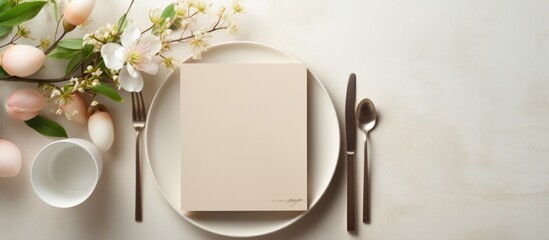 Menu card mockup on modern minimal table setting with neutral beige color top view. Space for text....