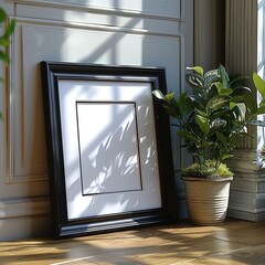 Photo frame mockup. Portrait holder with black frame on the floor next to a plant in an elegant room. Interior mockup with house background. 3D render