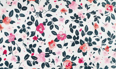 seamless floral pattern on fabric with pink and red flowers and dark leaves, spring vibe  
