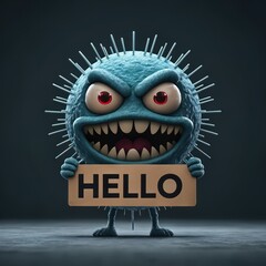 Cartoon virus character holding a 'Hello' sign, a kid-friendly health education concept.