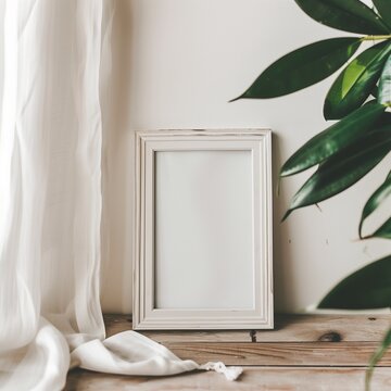 Photo frame mockup. Room with a portrait on the floor next to a curtain and a plant. Interior mockup with house background. 3D render