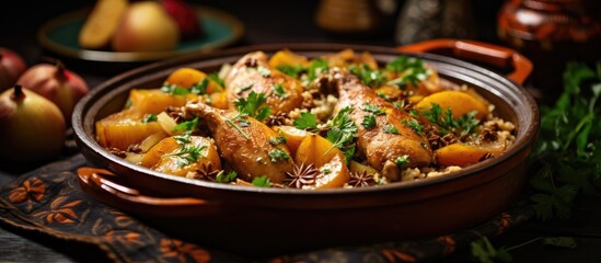 A comforting dish of chicken and potatoes is placed on a table, featuring ingredients like meat and...