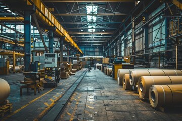 Factory interior showcasing rolls of materials and industrial equipment Emphasizing manufacturing processes - obrazy, fototapety, plakaty
