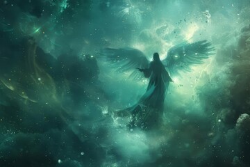 Fantasy depiction of an angel with impressive wings Set against a backdrop of celestial beauty and mystical ambiance