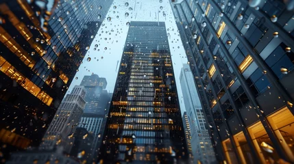 Deurstickers tall buildings, in a rainy city, generative ai © ThisDesign