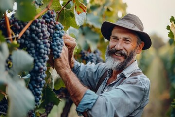 Gentleman farmer harvesting grapes in a vineyard Showcasing sustainable agriculture and passion for...