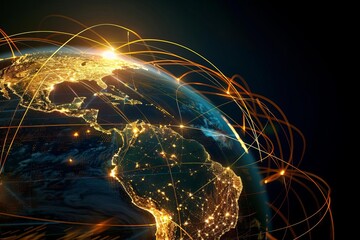 Globe showcasing intercontinental connections with illuminated cities and digital data streams across continents Highlighting global communication Internet infrastructure And international business