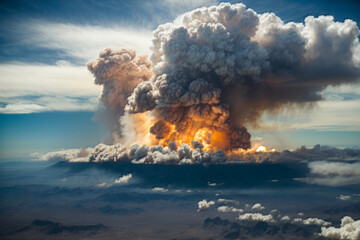 Fototapeta premium Aerial View of Volcanic Explosion, created with Generative AI technology