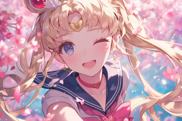 Anime Girl Smiling Radiantly Among Blossoming Cherry Trees Under Sunlight