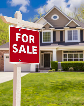Close-up of a real estate agent sign reading "For Sale" outside the property. Middle class house with for sale sign.