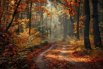 Foto op Canvas Magical autumn forest scene with vibrant foliage and a peaceful path winding through the woods Capturing the essence of fall's beauty. © Bijac