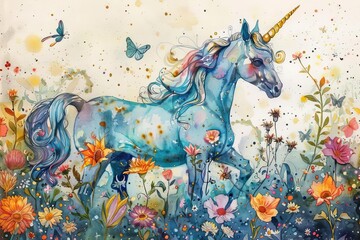 Magical watercolor painting of a unicorn in a whimsical garden Surrounded by flowers and butterflies