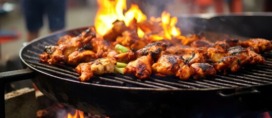 Naklejka premium Chicken being roasted on a grill over charcoal fire. A delicious dish in the making, perfect for any cuisine or service