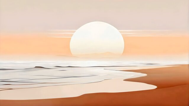 Calm Nature Background: The beauty of a sunset over the ocean, with soft morning light illuminating the serene landscape of sand and water, for mindfulness and wellness