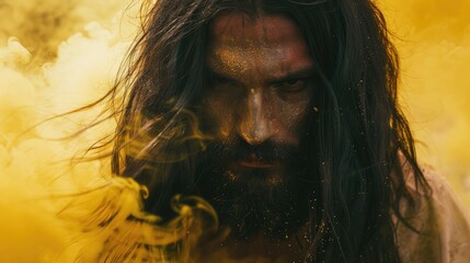 Religion concept, close-up image of Jesus Christ with long black hair and beard in yellow smoke.