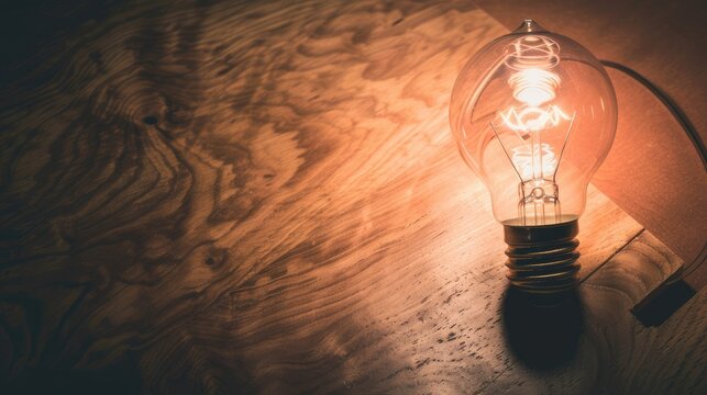 A light bulb lights up on a wooden block. The concept of creativity and innovation