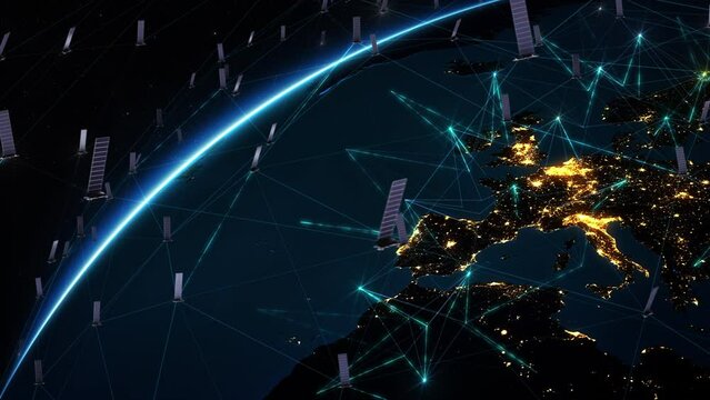 

Rotating Earth with Many Satellites Sending Signals. European and North American Map with City Lights. Broadcast Satellites. Telecommunication, High-Speed Internet, GPS, Surveillance.
